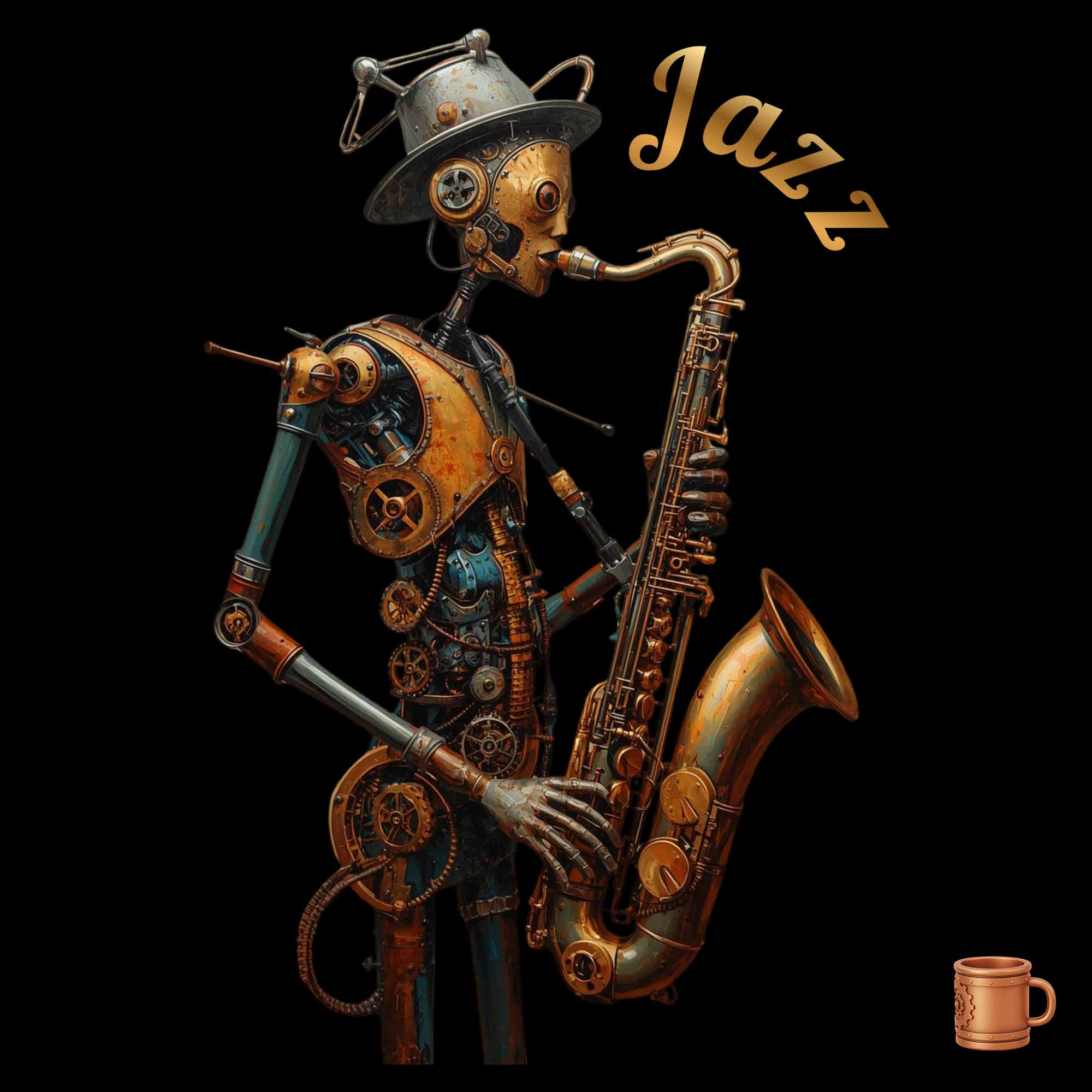 jazz – steampunk saxophone robot, coffee mug © 2026 Verne Collection – vernecollection.com