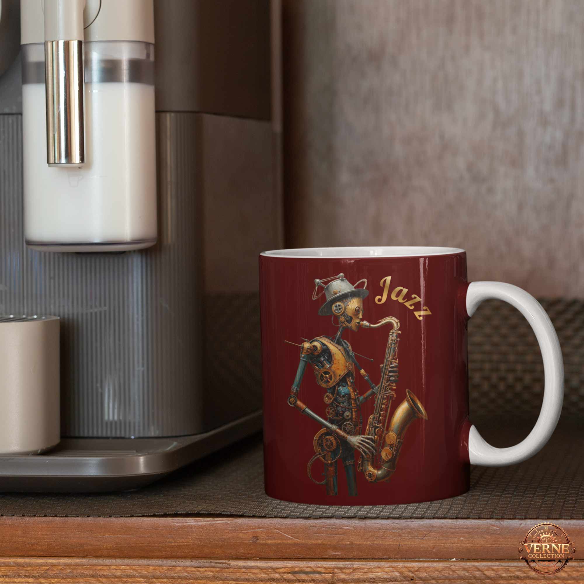 jazz – steampunk saxophone robot coffee mug © 2026 Verne Collection – vernecollection.com