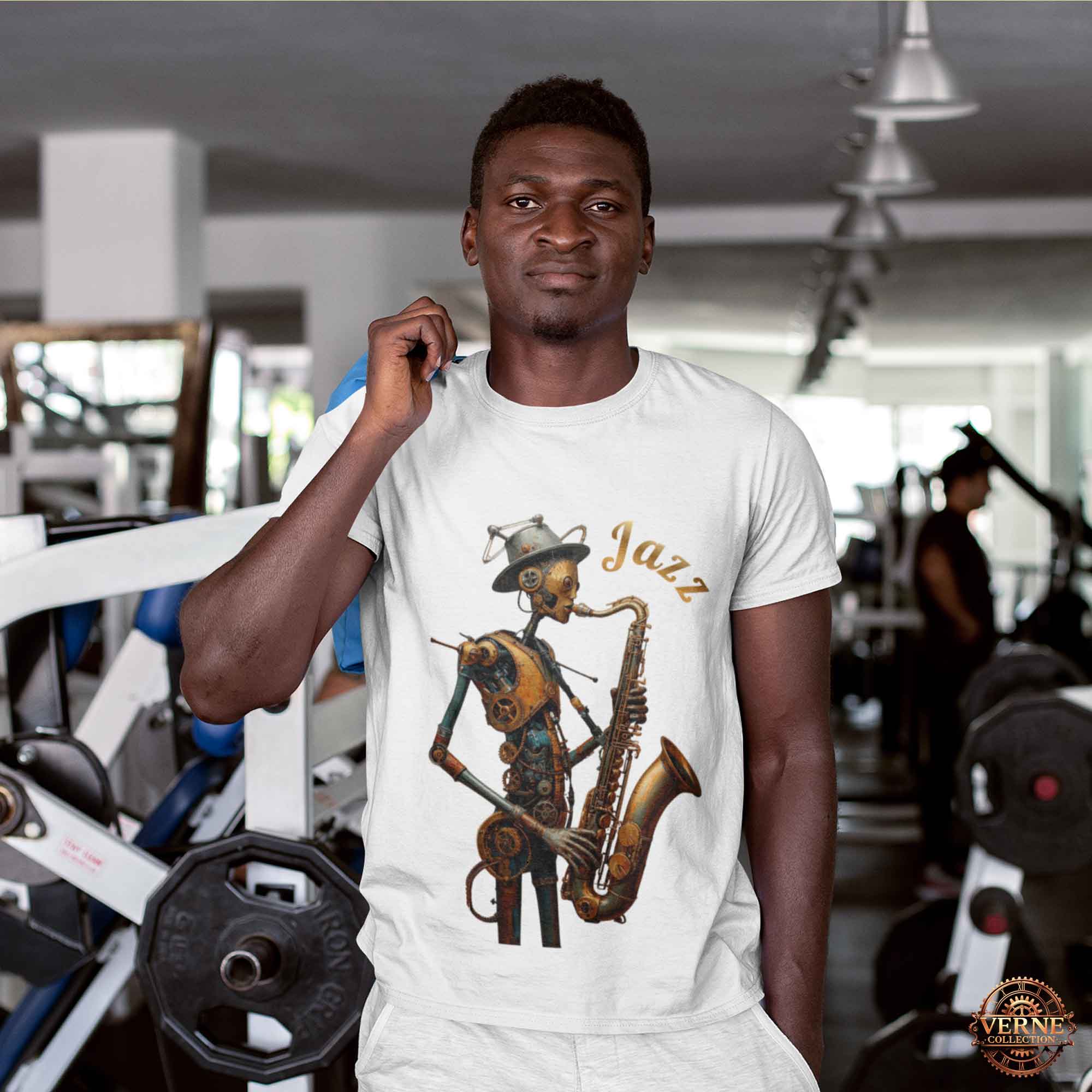 jazz – steampunk saxophone robot unisex t shirt © 2026 Verne Collection – vernecollection.com